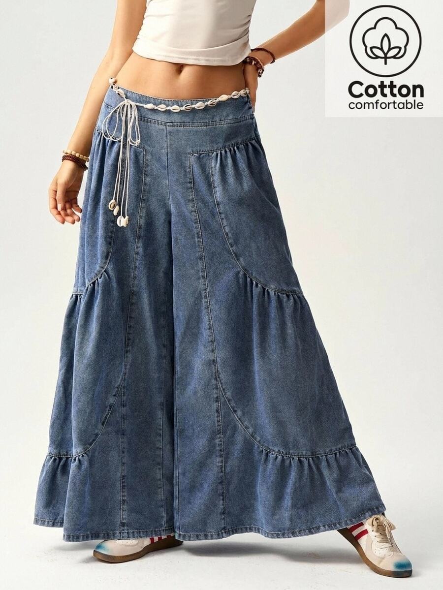 Bohemela High Waist Ruffle Hem Wide Leg Pants Beach Denim Blue Autumn Casual Boho - Blue - View 1