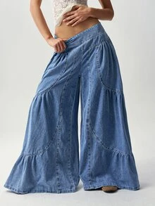Bohemela High Waist Ruffle Hem Wide Leg Pants Beach Denim Blue Autumn Casual Boho - Blue - View 3
