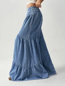 Bohemela High Waist Ruffle Hem Wide Leg Pants Beach Denim Blue Autumn Casual Boho - Blue - View 4