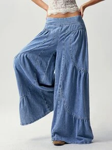 Bohemela High Waist Ruffle Hem Wide Leg Pants Beach Denim Blue Autumn Casual Boho - Blue - View 6