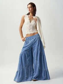 Bohemela High Waist Ruffle Hem Wide Leg Pants Beach Denim Blue Autumn Casual Boho - Blue - View 7