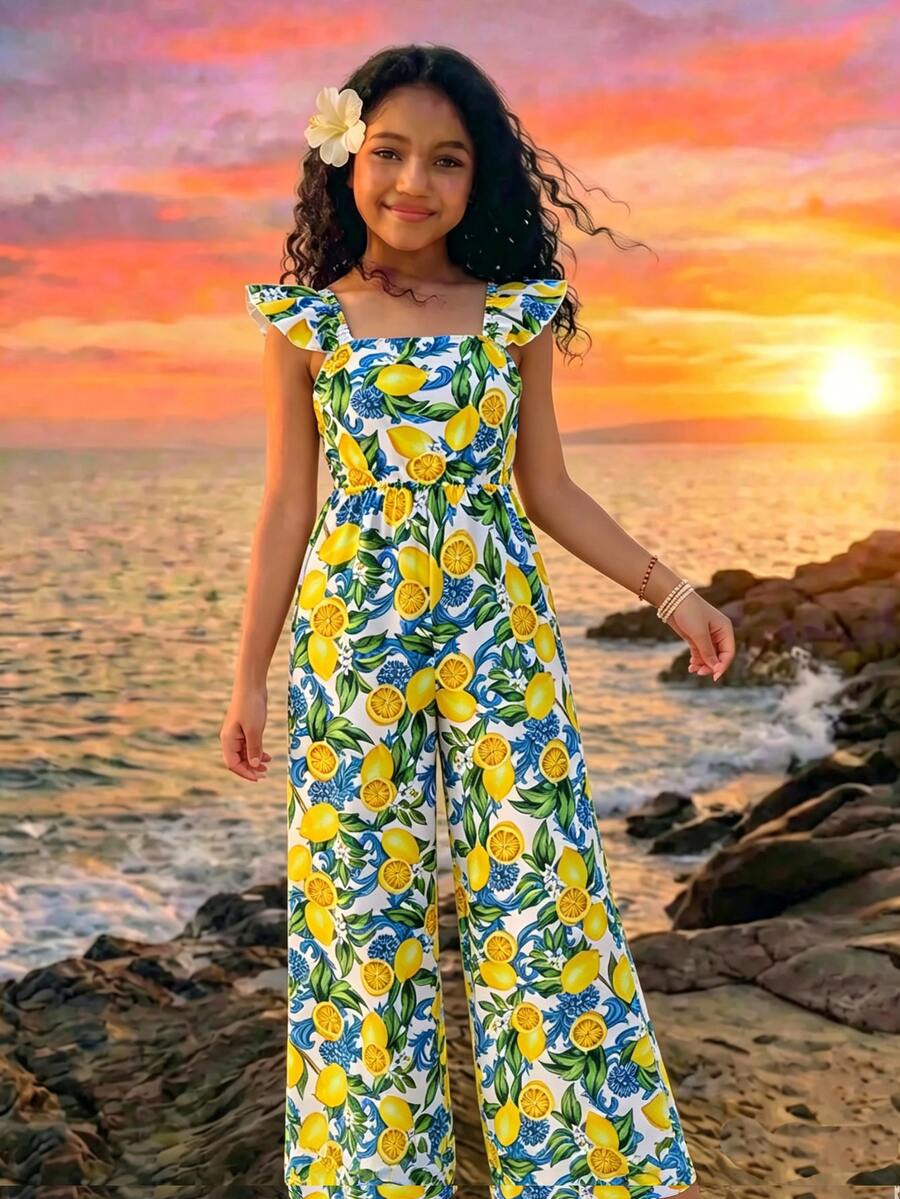 SHEIN 少女款無袖細肩帶夏季白色碎花連身褲，波希米亞風度假寬腿設計