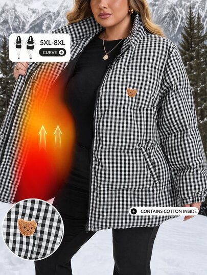 SHEIN CURVE+ Plus Size Women's Casual Black & White Plaid Bear Embroidery Pattern Stand Collar Jacket/Autumn & Winter