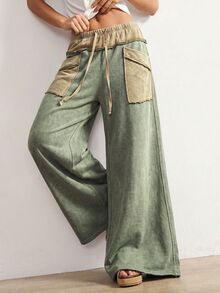 Bohemela Celana Panjang Wanita Kasual Liburan Motif Blok Warna Patchwork Kaki Lebar untuk Sehari-hari, Kerja, Pantai, Warna Khaki Hijau, Musim Gugur - Hijau - View 3