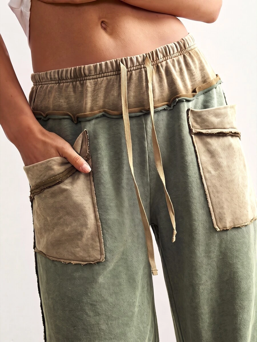 Bohemela Celana Panjang Wanita Kasual Liburan Motif Blok Warna Patchwork Kaki Lebar untuk Sehari-hari, Kerja, Pantai, Warna Khaki Hijau, Musim Gugur - Hijau - View 1