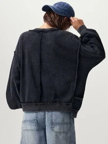 Bohemela Sudadera de mujer de punto de color liso con cuello en V, manga larga, holgada y lavada - Negro - Ver 7