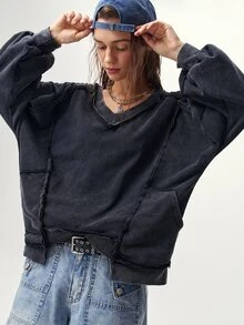 Bohemela Sudadera de mujer de punto de color liso con cuello en V, manga larga, holgada y lavada - Negro - Ver 5