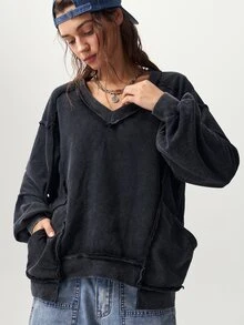 Bohemela Sudadera de mujer de punto de color liso con cuello en V, manga larga, holgada y lavada - Negro - Ver 6