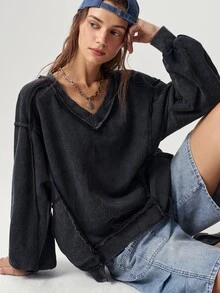 Bohemela Sudadera de mujer de punto de color liso con cuello en V, manga larga, holgada y lavada - Negro - Ver 4