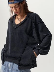 Bohemela Sudadera de mujer de punto de color liso con cuello en V, manga larga, holgada y lavada - Negro - Ver 3