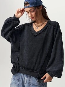 Bohemela Sudadera de mujer de punto de color liso con cuello en V, manga larga, holgada y lavada - Negro - Ver 1