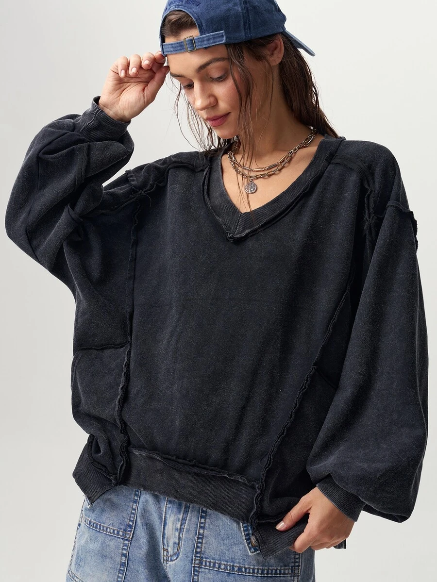 Bohemela Sudadera de mujer de punto de color liso con cuello en V, manga larga, holgada y lavada - Negro - Ver 1