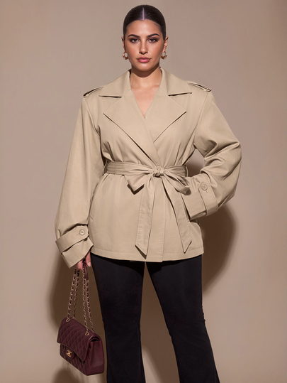 SHEIN BAE CURVE Büyük Beden Kadın Haki Geniş Kesim Günlük Belden Oturtmalı Trençkot