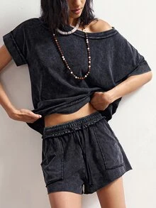 Bohemela Batwing Sleeve Tee & Drawstring Waist Shorts - Black - View 2