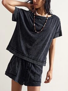 Bohemela Batwing Sleeve Tee & Drawstring Waist Shorts - Black - View 7