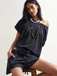 Bohemela Batwing Sleeve Tee & Drawstring Waist Shorts - Black - View 6