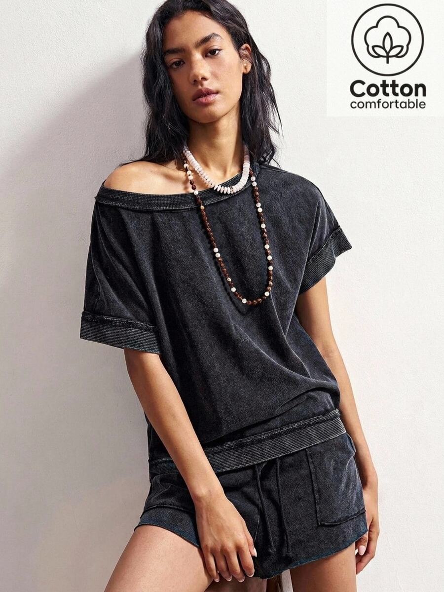 Bohemela Batwing Sleeve Tee & Drawstring Waist Shorts - Black - View 1