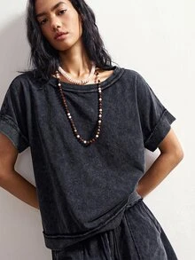 Bohemela Batwing Sleeve Tee & Drawstring Waist Shorts - Black - View 4