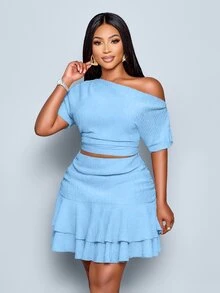 SOLERSUN Sky Blue,Summer,Elegant,Holiday Women Plus Size Knitted Asymmetrical Neck Gathered Two Pieces Set Rave Festival Concert Party Beach Vacation Outfits - Baby Blue - View 6
