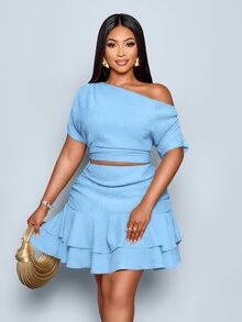 SOLERSUN Sky Blue,Summer,Elegant,Holiday Women Plus Size Knitted Asymmetrical Neck Gathered Two Pieces Set Rave Festival Concert Party Beach Vacation Outfits - Baby Blue - View 5