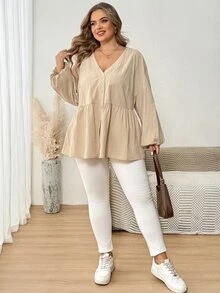 SHEIN CURVE+ Kemeja Kasual Kancing Depan Lengan Panjang Model Lentera dengan Kerah V dan Bahu Jatuh, Warna Polos Ukuran Besar (Gaya Musim Gugur) - Aprikot - View 4