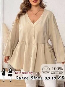 SHEIN CURVE+ Kemeja Kasual Kancing Depan Lengan Panjang Model Lentera dengan Kerah V dan Bahu Jatuh, Warna Polos Ukuran Besar (Gaya Musim Gugur) - Aprikot - View 1
