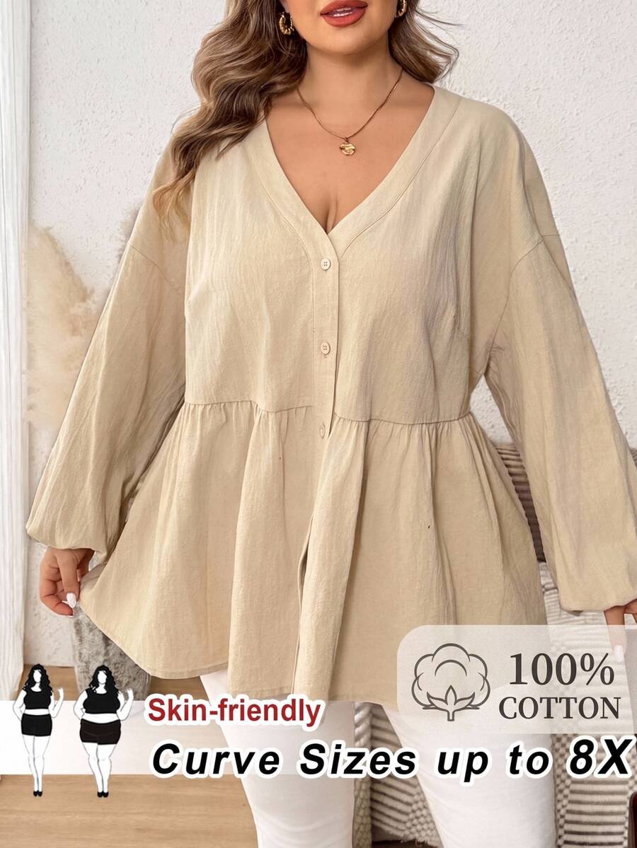 SHEIN CURVE+ Kemeja Kasual Kancing Depan Lengan Panjang Model Lentera dengan Kerah V dan Bahu Jatuh, Warna Polos Ukuran Besar (Gaya Musim Gugur) - Aprikot - View 1