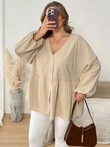 SHEIN CURVE+ Kemeja Kasual Kancing Depan Lengan Panjang Model Lentera dengan Kerah V dan Bahu Jatuh, Warna Polos Ukuran Besar (Gaya Musim Gugur) - Aprikot - View 5
