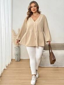 SHEIN CURVE+ Kemeja Kasual Kancing Depan Lengan Panjang Model Lentera dengan Kerah V dan Bahu Jatuh, Warna Polos Ukuran Besar (Gaya Musim Gugur) - Aprikot - View 3