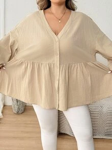 SHEIN CURVE+ Kemeja Kasual Kancing Depan Lengan Panjang Model Lentera dengan Kerah V dan Bahu Jatuh, Warna Polos Ukuran Besar (Gaya Musim Gugur) - Aprikot - View 2