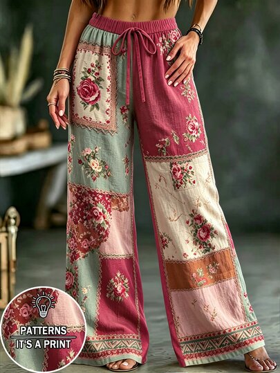 Glimmora Bohemian Vintage Faux Patchwork Ditsy Floral Women's Long Pants, Autumn/Summer Pastoral High Waist Drawstring Straight Leg Wide Leg Pants, Casual Long Pants For Outdoor And Beach Trips
