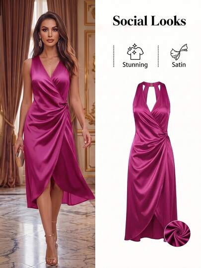 Ellevyn Gaun Midi Wanita Satin Model Halter Neck dengan Detail Kerut dan Hem Melengkung, Elegan dan Seksi, Cocok untuk Perjalanan Santai, Pesta Ringan, Koktail, Klub, Warna Mauve untuk Musim Panas