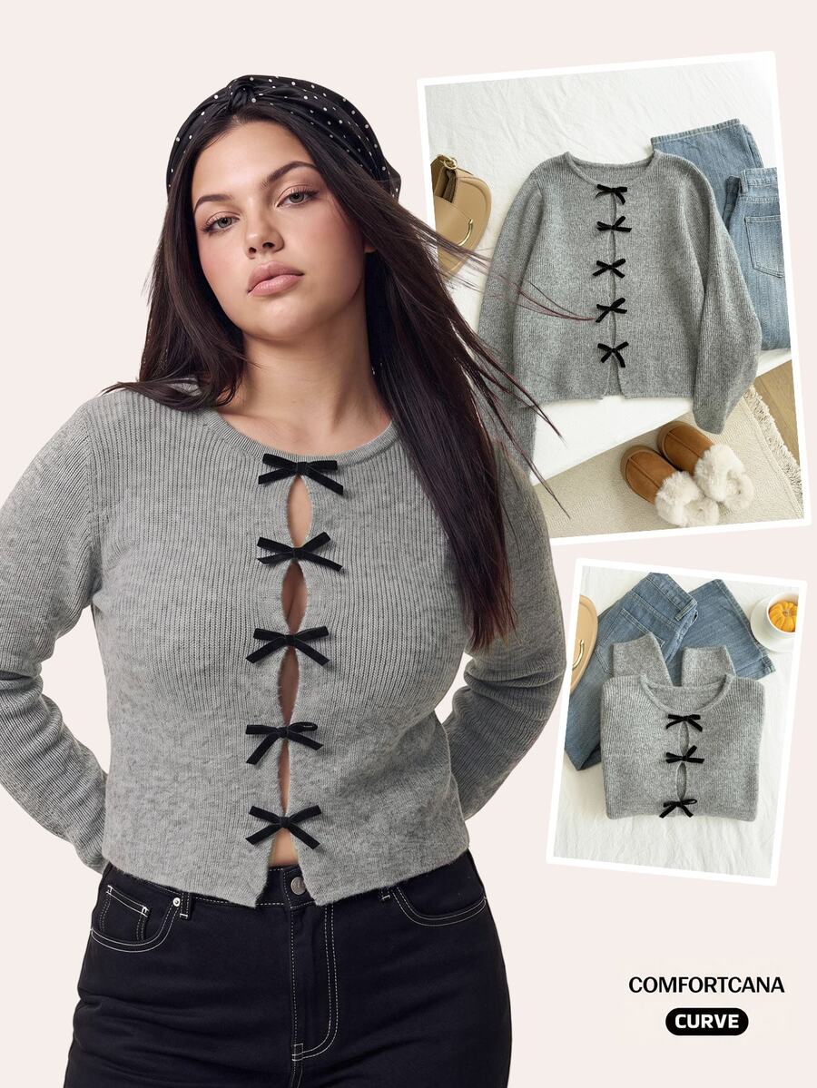Comfortcana Suéter de manga larga con diseño hueco y decoración de mariposa de moda para mujer de talla grande en otoño/invierno - Gris - Ver 1