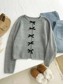Comfortcana Suéter de manga larga con diseño hueco y decoración de mariposa de moda para mujer de talla grande en otoño/invierno - Gris - Ver 6