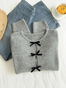 Comfortcana Suéter de manga larga con diseño hueco y decoración de mariposa de moda para mujer de talla grande en otoño/invierno - Gris - Ver 1