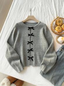 Comfortcana Suéter de manga larga con diseño hueco y decoración de mariposa de moda para mujer de talla grande en otoño/invierno - Gris - Ver 5