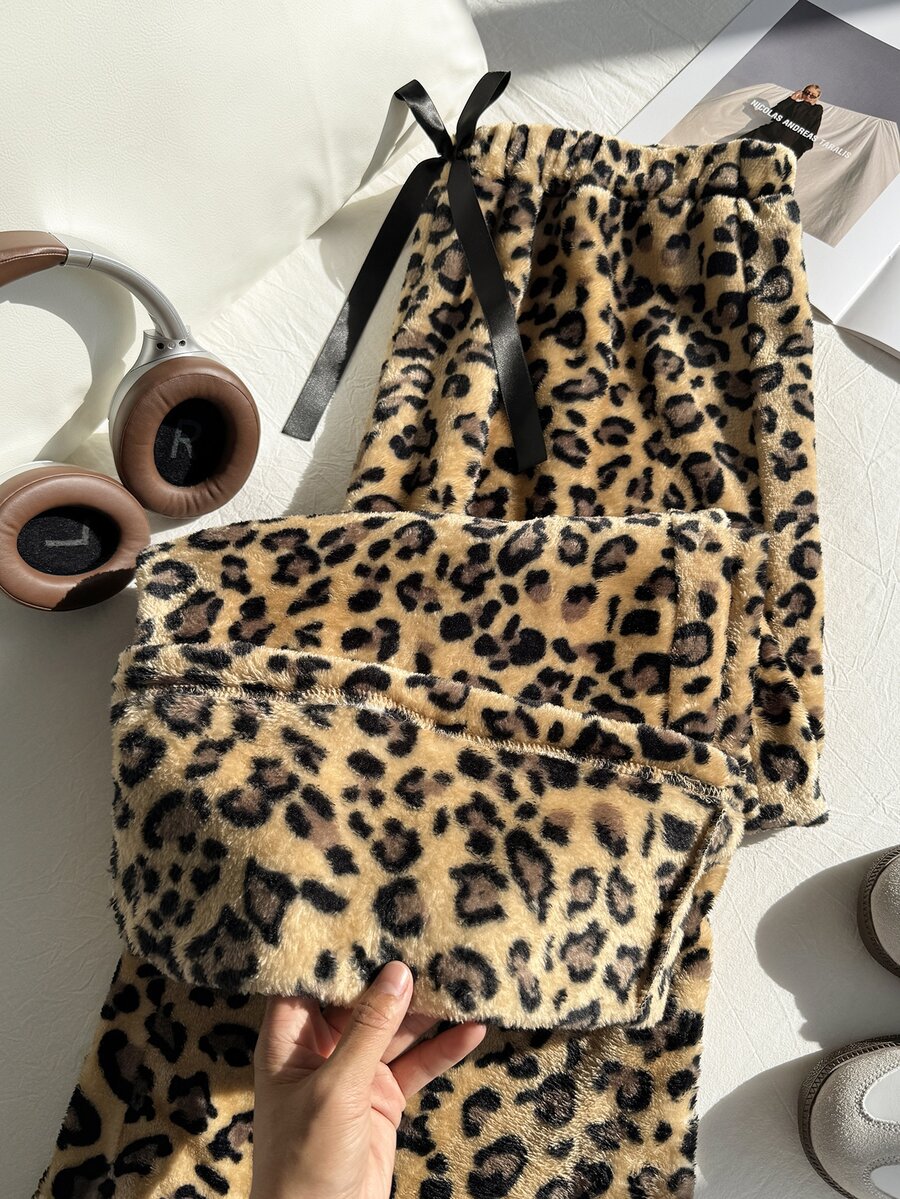Comfortcana Plus Size Leopard Print Drawstring Design Elastic Waist Loose Fitting Pants Autumn Formal Vacation Office Beige Cute Casual - Brown - View 1