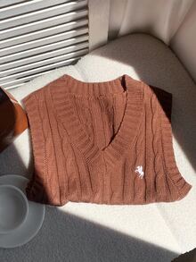 Comfortcana Plus Size V-Neck Twist Knot Horseback Riding Logo Casual Sweater Vest, Autumn/Winter - Coffee Brown - View 4