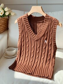 Comfortcana Plus Size V-Neck Twist Knot Horseback Riding Logo Casual Sweater Vest, Autumn/Winter - Coffee Brown - View 7