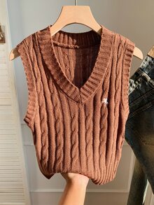 Comfortcana Plus Size V-Neck Twist Knot Horseback Riding Logo Casual Sweater Vest, Autumn/Winter - Coffee Brown - View 5