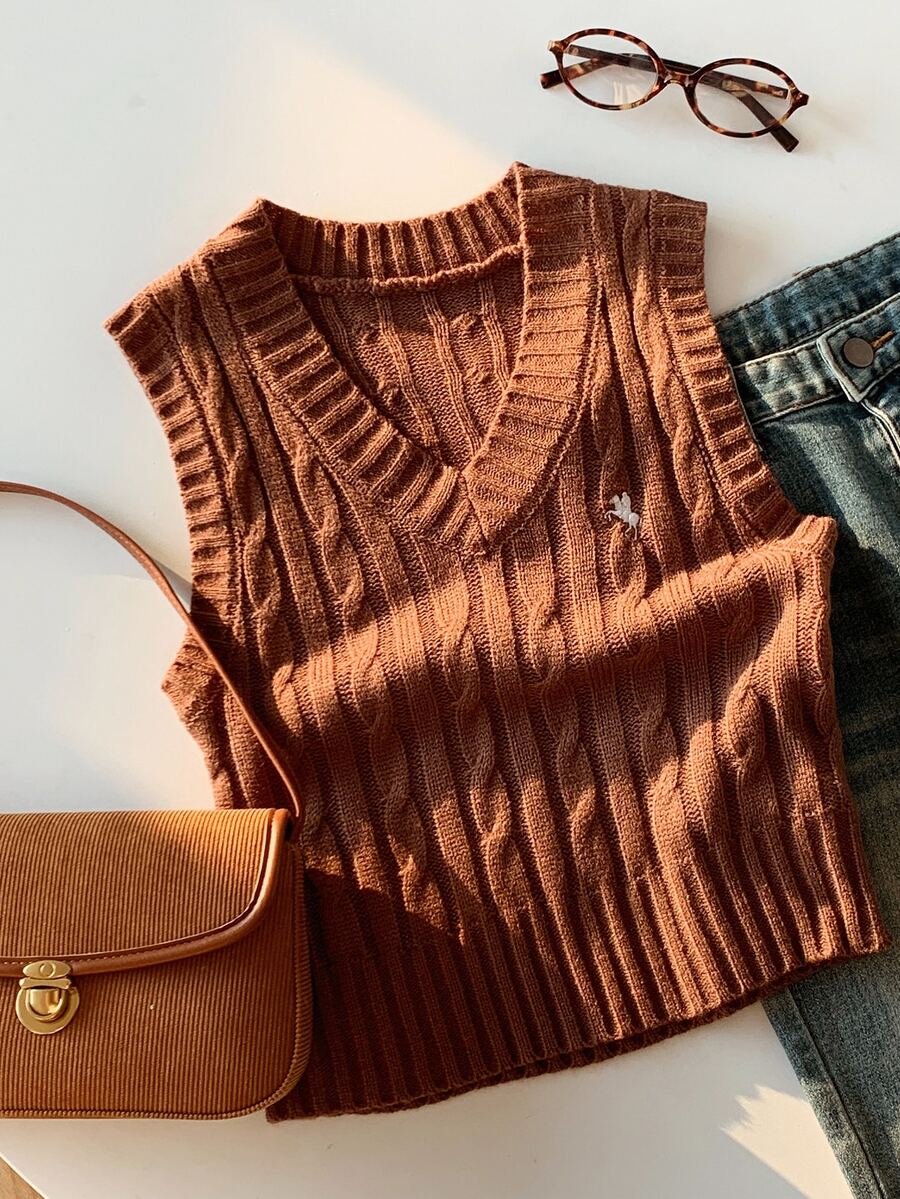 Comfortcana Plus Size V-Neck Twist Knot Horseback Riding Logo Casual Sweater Vest, Autumn/Winter - Coffee Brown - View 1