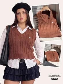 Comfortcana Plus Size V-Neck Twist Knot Horseback Riding Logo Casual Sweater Vest, Autumn/Winter - Coffee Brown - View 1