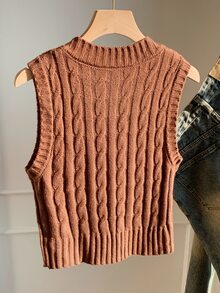Comfortcana Plus Size V-Neck Twist Knot Horseback Riding Logo Casual Sweater Vest, Autumn/Winter - Coffee Brown - View 2