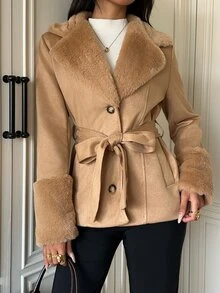 SHEIN EZwear 駱駝色仿麂皮女款休閒夾克 辦公室秋季優雅款 - 駝色 - 查看 6