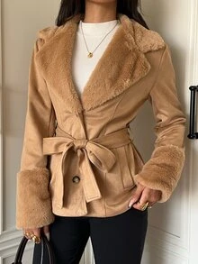 SHEIN EZwear 駱駝色仿麂皮女款休閒夾克 辦公室秋季優雅款 - 駝色 - 查看 5