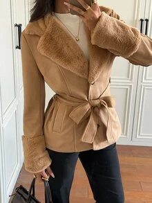 SHEIN EZwear 駱駝色仿麂皮女款休閒夾克 辦公室秋季優雅款 - 駝色 - 查看 9