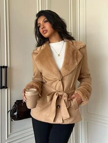 SHEIN EZwear 駱駝色仿麂皮女款休閒夾克 辦公室秋季優雅款 - 駝色 - 查看 7