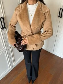 SHEIN EZwear 駱駝色仿麂皮女款休閒夾克 辦公室秋季優雅款 - 駝色 - 查看 4