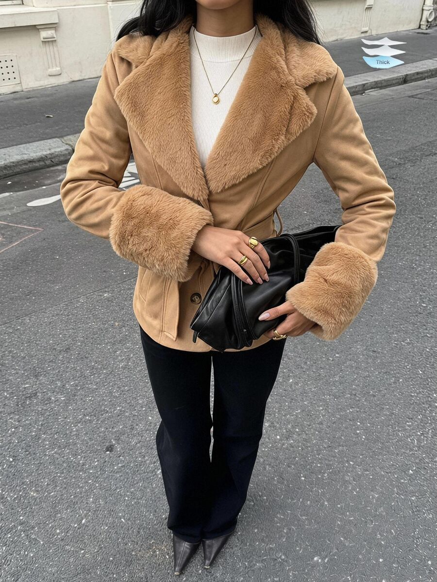 SHEIN EZwear 駱駝色仿麂皮女款休閒夾克 辦公室秋季優雅款