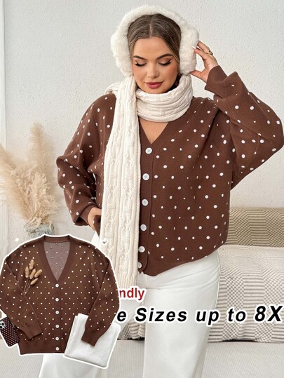 SHEIN CURVE+ Plus Size Women's Fashion White Polka Dot Brown V-Neck Long Sleeve Cardigan Sweater Casual Daily Elegant Versatile Outerwear